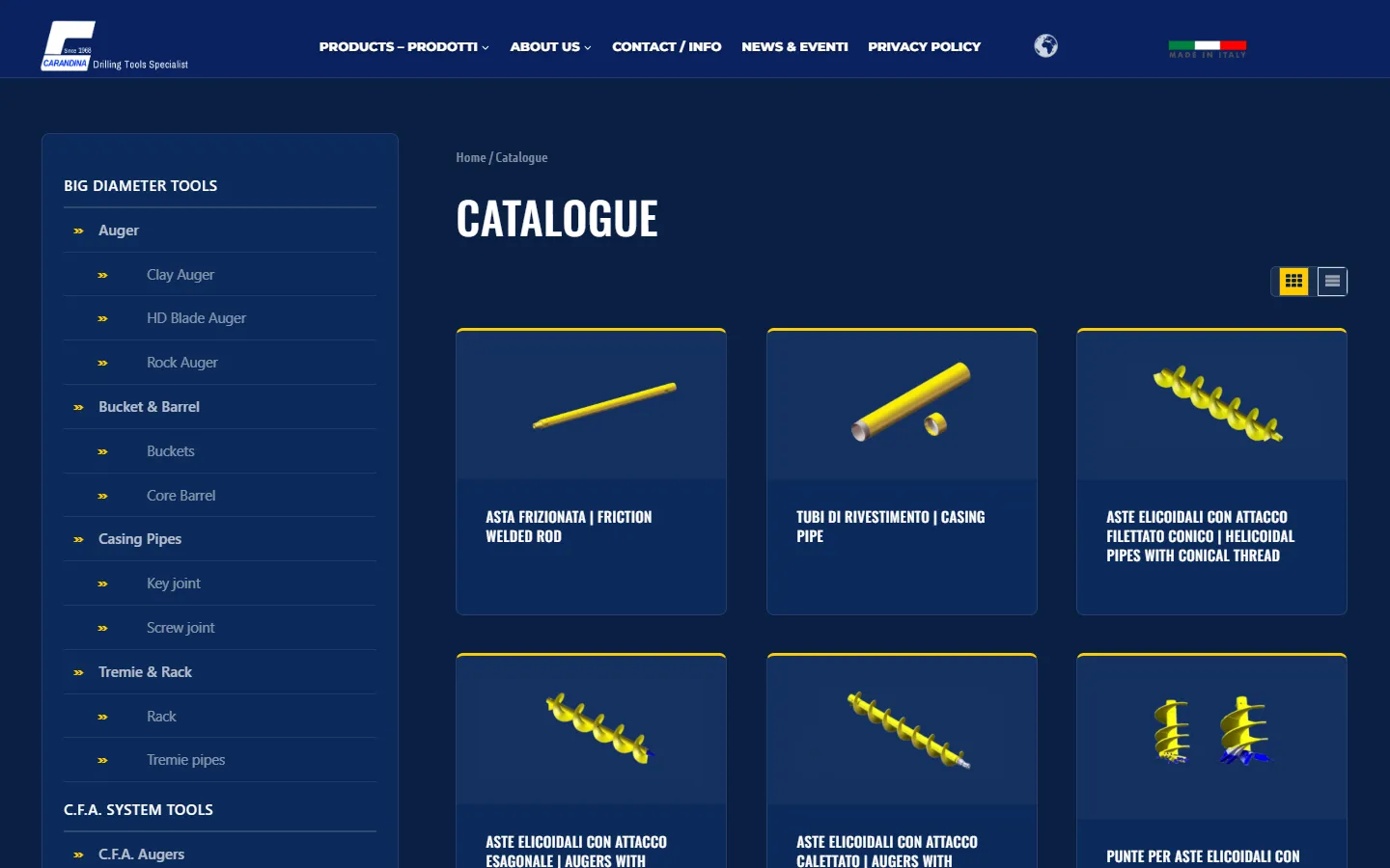 Pagina Catalogue con menu per famiglie e schede prodotto a griglia