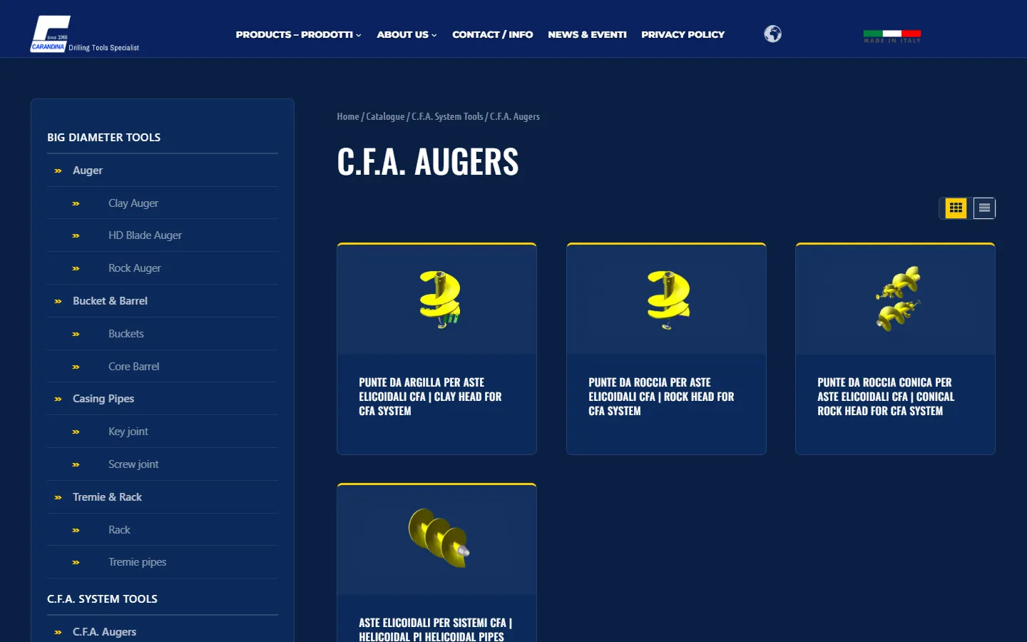 Sottocategoria C.F.A. Augers del catalogo, con le schede dei prodotti a griglia