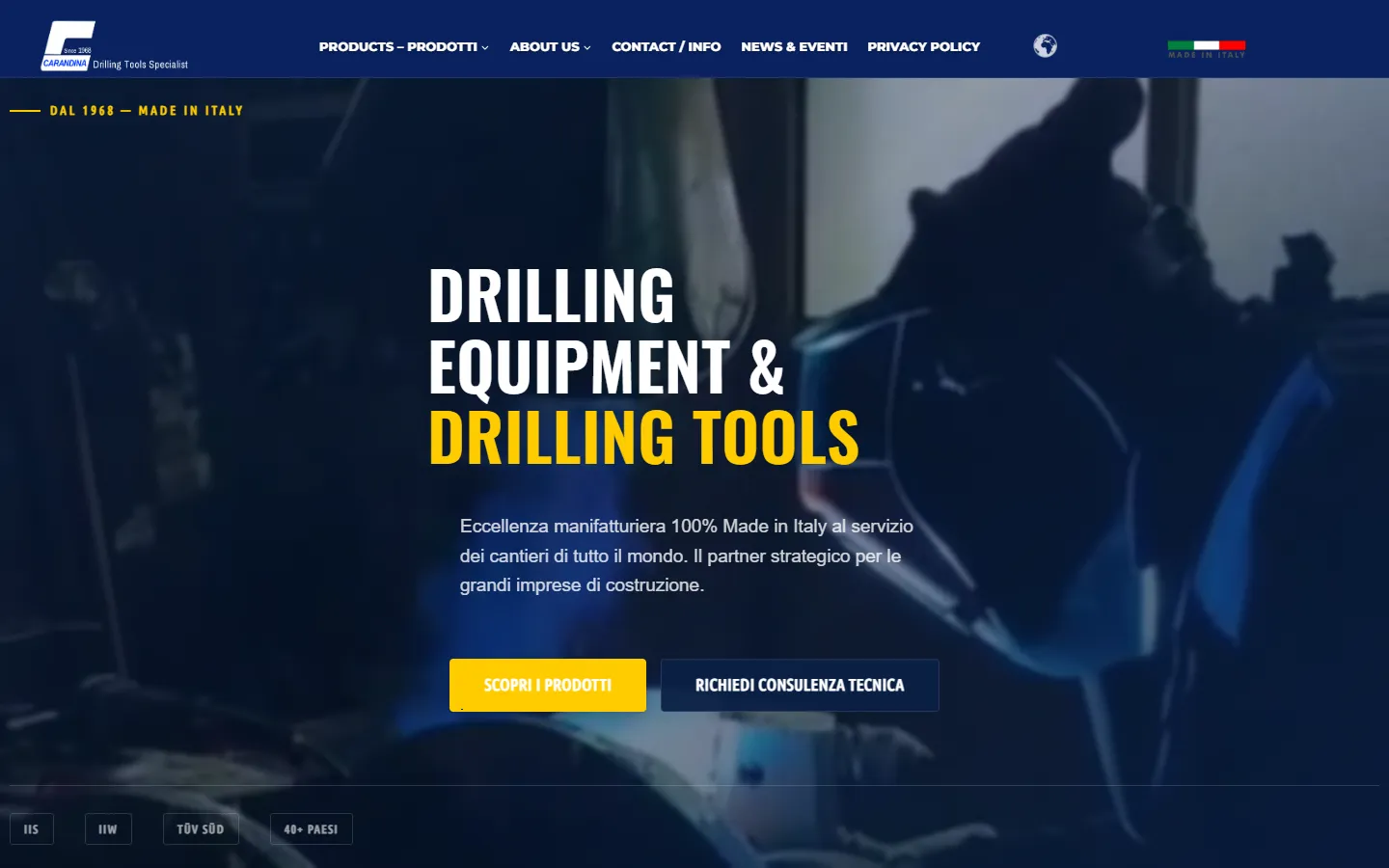 La nuova homepage di Carandina: titolo Drilling Equipment & Drilling Tools e due pulsanti verso prodotti e consulenza