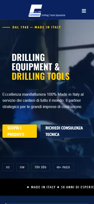 La nuova homepage di Carandina: titolo Drilling Equipment & Drilling Tools e due pulsanti verso prodotti e consulenza