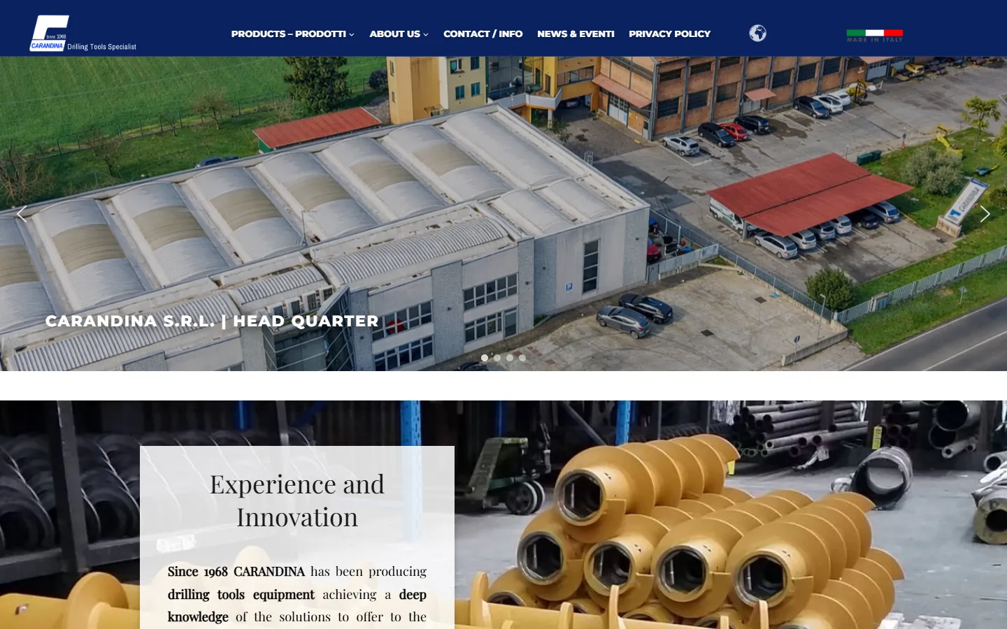 La vecchia homepage di Carandina: slider fotografico e testi in due lingue uno sotto l'altro